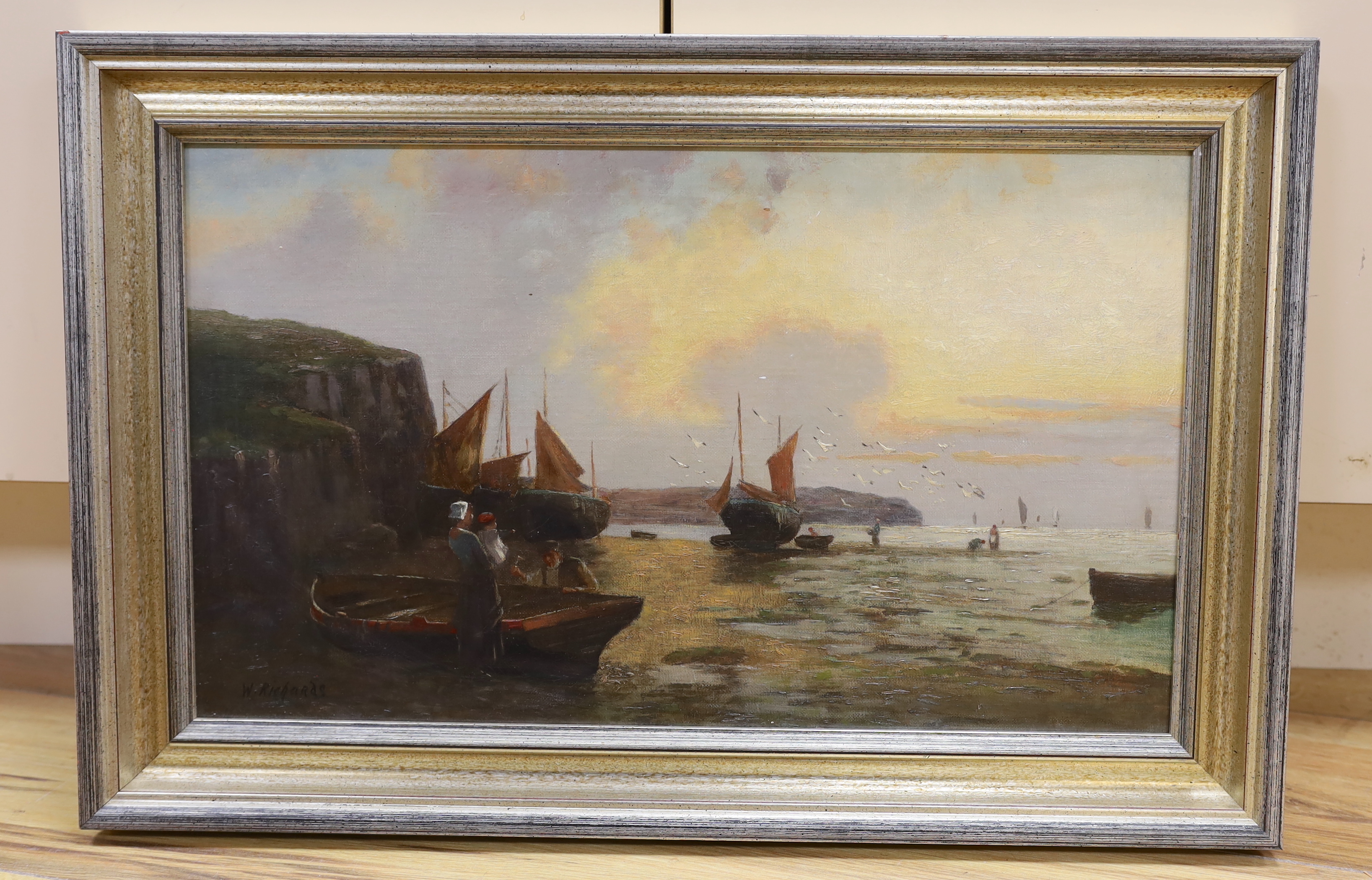 W. Richards (Francis Jamieson, 1893-1950), oil on canvas, Coastal scene with moored boats and figures, signed, 29 x 50cm